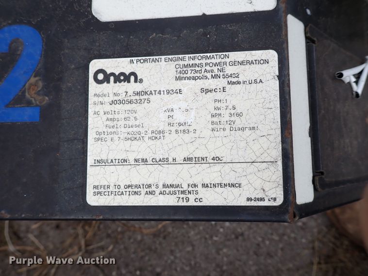 image for item KR9697 Onan 7.5HDKAT41934E  generator