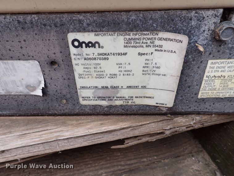 image for item KR9698 Onan 7.5HDKAT41934F  generator