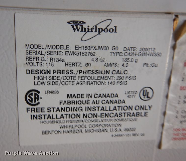 image for item LT9818 Whirlpool EH150FXJW00  freezer