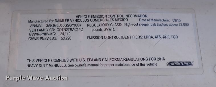 image for item DI1987 2016 Freightliner Cascadia  semi truck