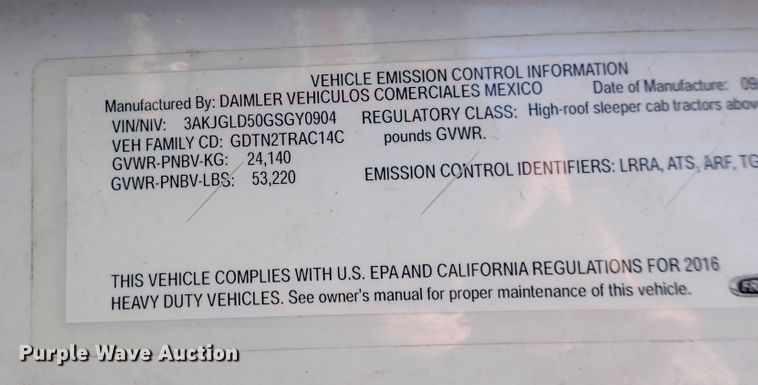 image for item DI1987 2016 Freightliner Cascadia  semi truck