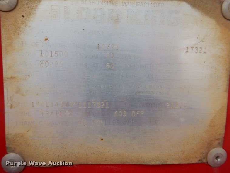 image for item DS8037 1992 Load King 403DFP  lowboy equipment trailer