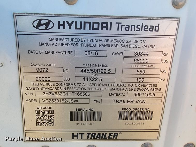 image for item JL9639 2017 Hyundai VC25300152-JSW  dry van trailer