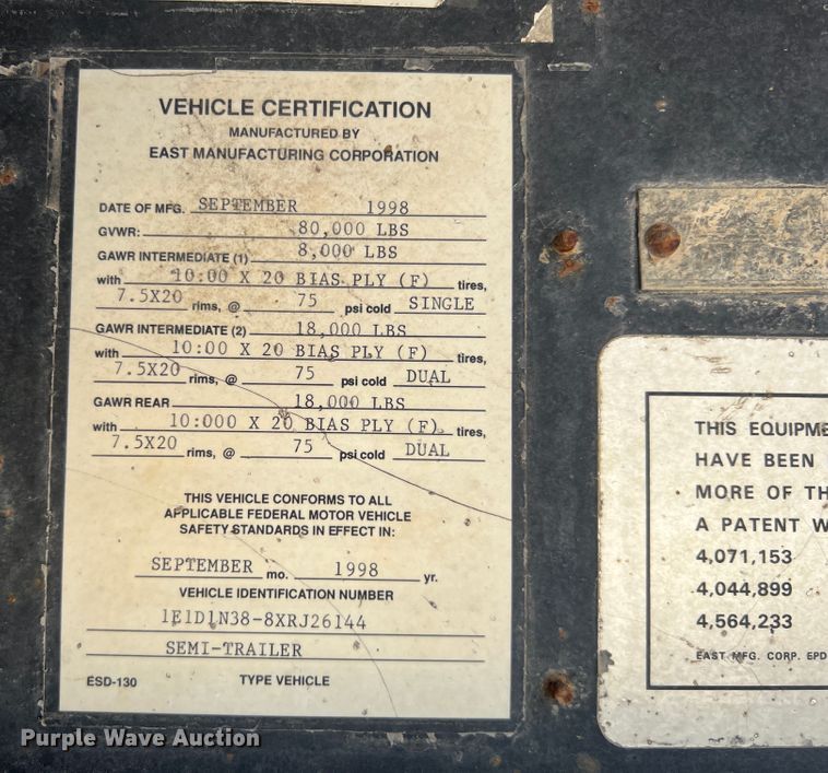 image for item KN9519 1999 East Manufacturing  end dump trailer