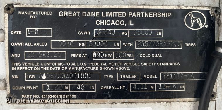 image for item MJ9750 2003 Great Dane 7811TZ-1A  refrigerated van trailer