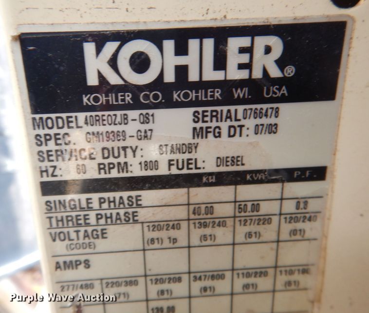 image for item DJ3823 Kohler 40  generator