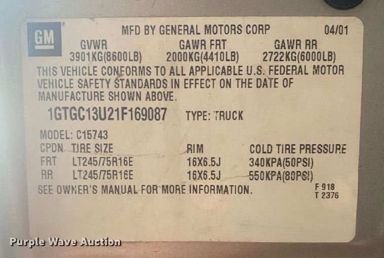 image for item DN0351 2001 GMC Sierra 1500  Crew Cab pickup truck