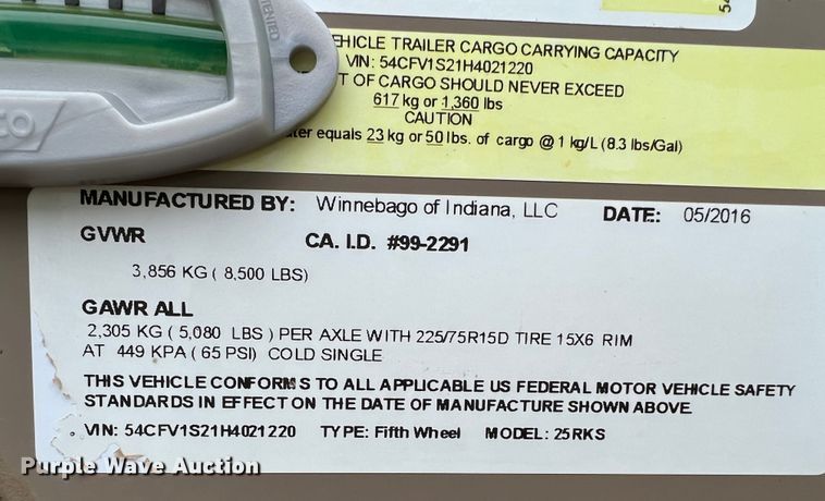 image for item DS8264 2017 Winnebago 25RKS  camper