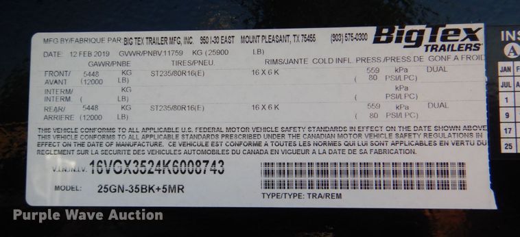 image for item KJ9905 2019 Big Tex 25GNHD  equipment trailer