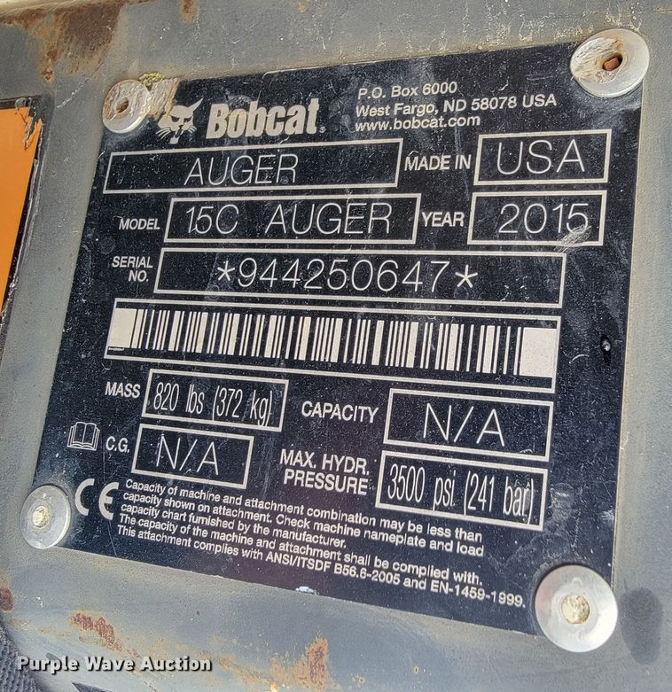 image for item DL4301 Bobcat 15C  skid steer auger