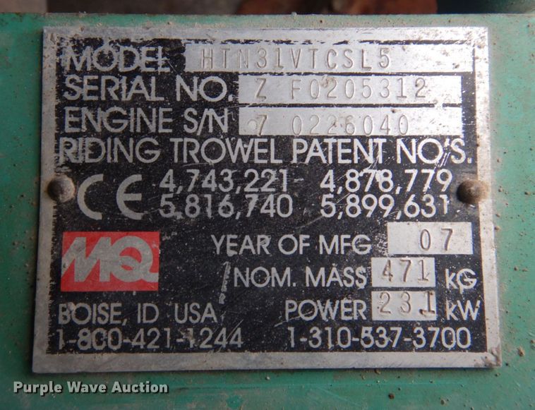 image for item MU9599 2007 Whiteman HTN31VTCSL5  power trowel