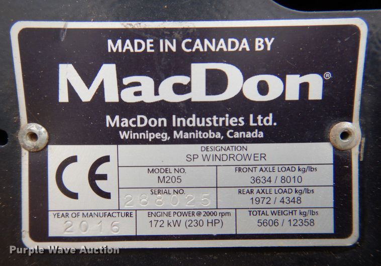 image for item DP4047 2016 MacDon M205  windrower