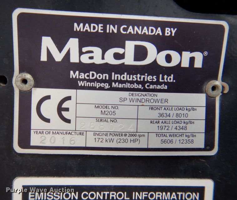 image for item DP4048 2016 MacDon M205  windrower