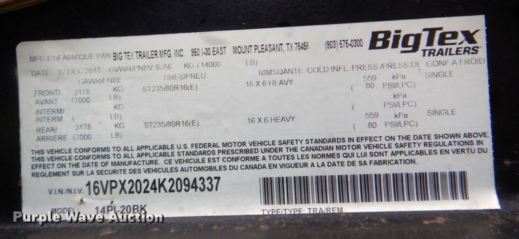 image for item DP4143 2019 Big Tex 14PI-20BK  utility trailer