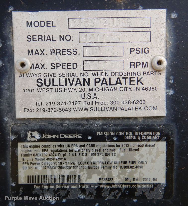 image for item DR1839 2012 Sullivan Palatek D185P3JDSB  air compressor