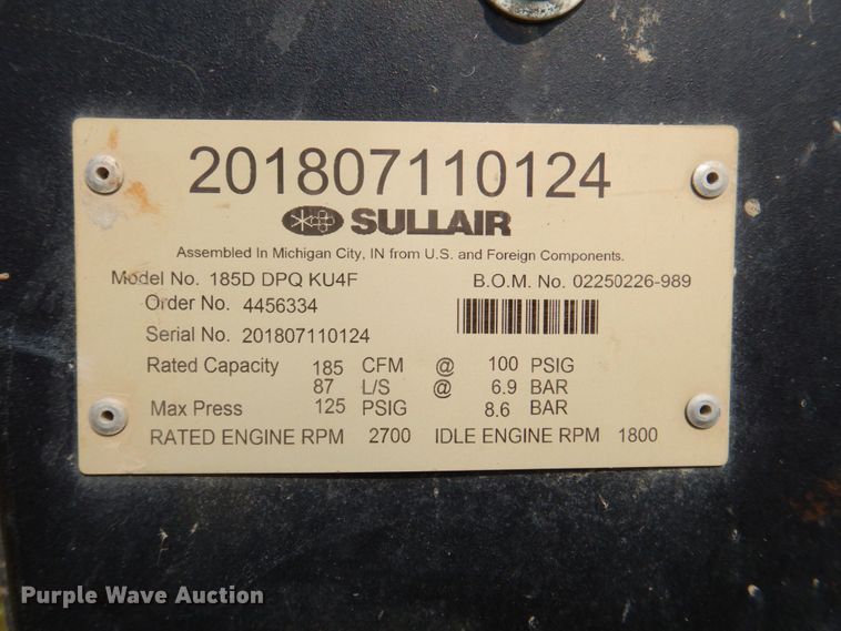 image for item DR1840 2018 Sullair 185D DPQ KU4F  air compressor