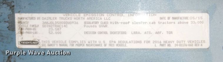 image for item DK0490 2016 Freightliner Cascadia 125  semi truck