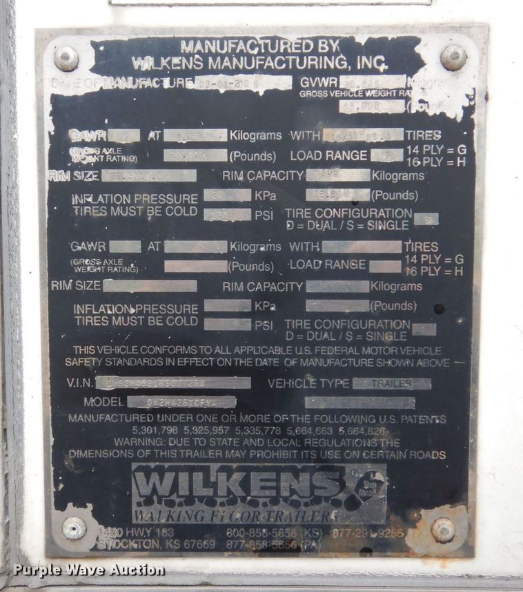 image for item DL3759 2006 Wilkins 0K2HA26ICFYA  walking floor trailer