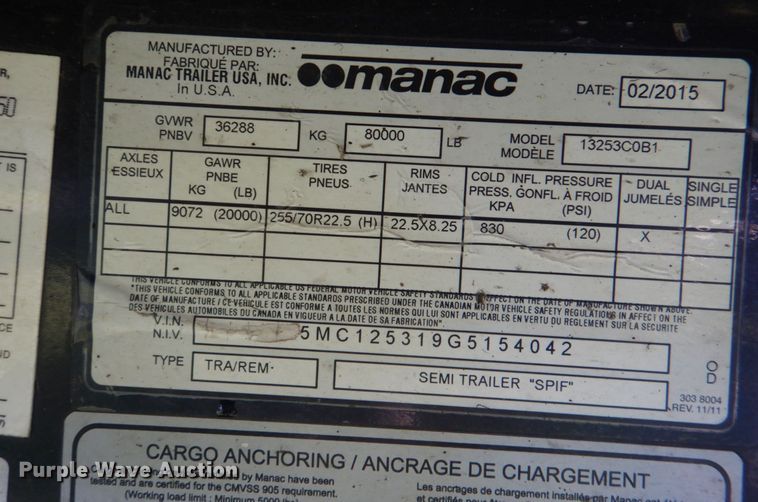 image for item KJ9907 2016 Manac 13253C0B1  drop deck trailer