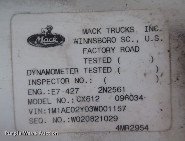 image for item KR9802 2003 Mack CX612 Vision semi truck cab