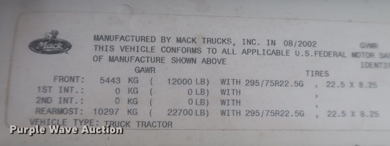 image for item KR9802 2003 Mack CX612 Vision semi truck cab