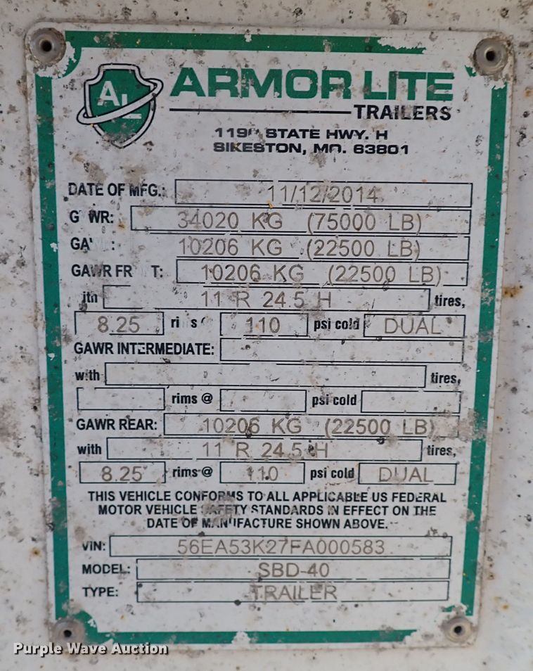 image for item LU9051 2015 Armor Lite SBD-40  bottom dump trailer