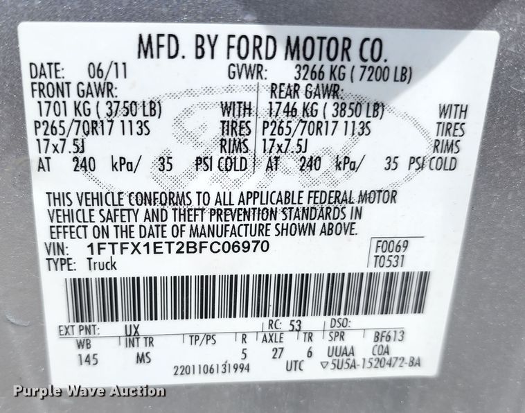 image for item DL6579 2011 Ford F150  SuperCab pickup truck