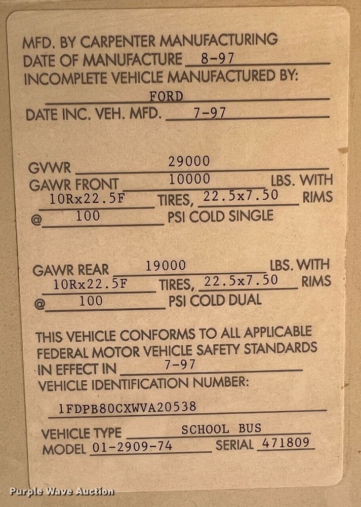 image for item IG9434 1998 Ford B800  school bus