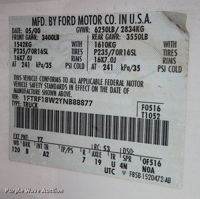 image for item JL9378 2000 Ford F150  pickup truck