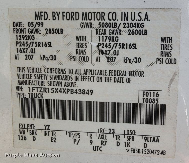 image for item JL9417 1999 Ford Ranger  SuperCab pickup truck