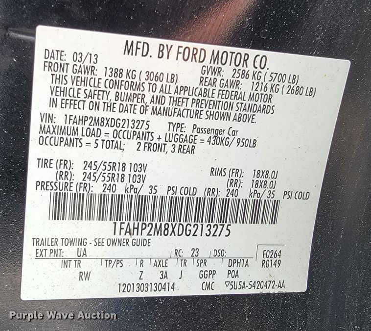 image for item JL9421 2013 Ford Taurus Police Interceptor