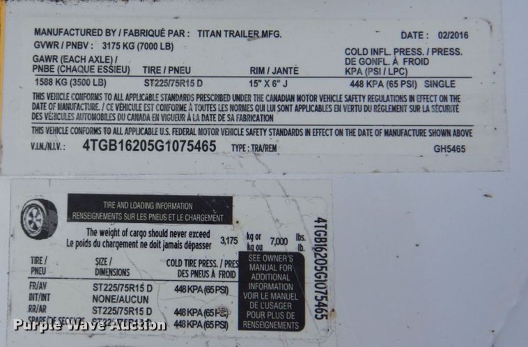 image for item DK0492 2016 Titan Primo  livestock trailer