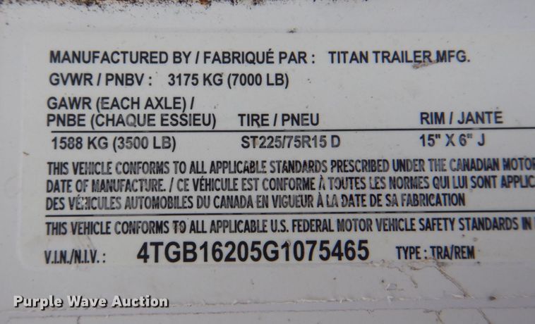 image for item DK0492 2016 Titan Primo  livestock trailer