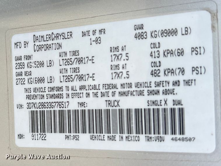 image for item JM9031 2003 Dodge Ram 2500 SLT  Quad Cab pickup truck