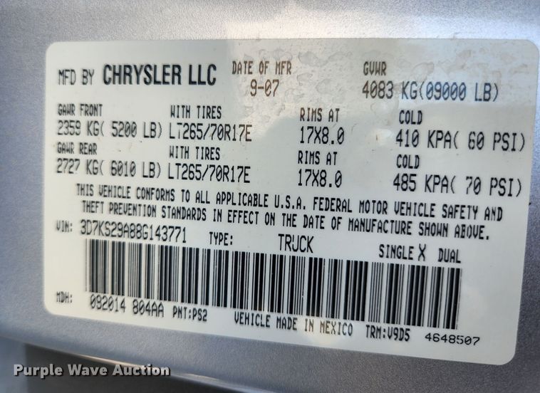 image for item KE9794 2008 Dodge Ram 2500HD  Mega Cab pickup truck