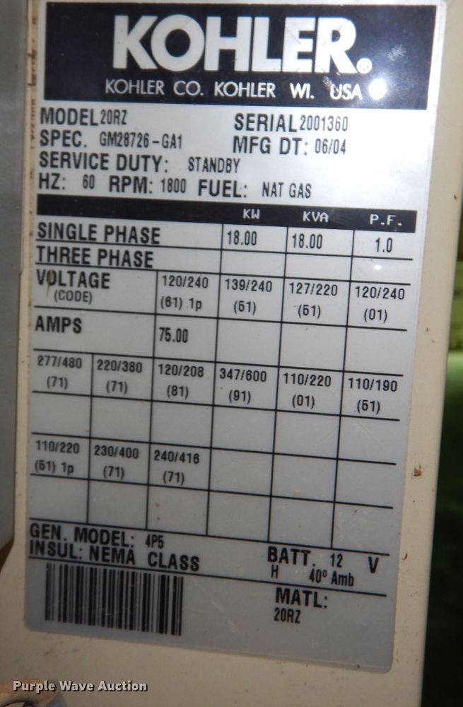 image for item LP9343 2004 Kohler 20RZ  generator