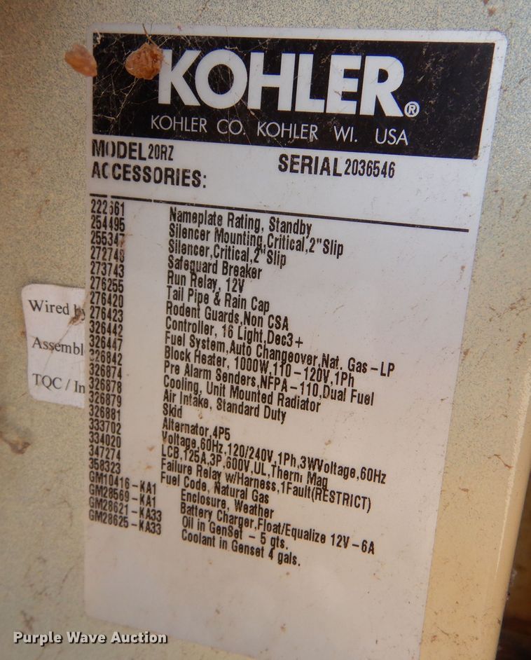 image for item LP9344 2005 Kohler 20RZ  generator