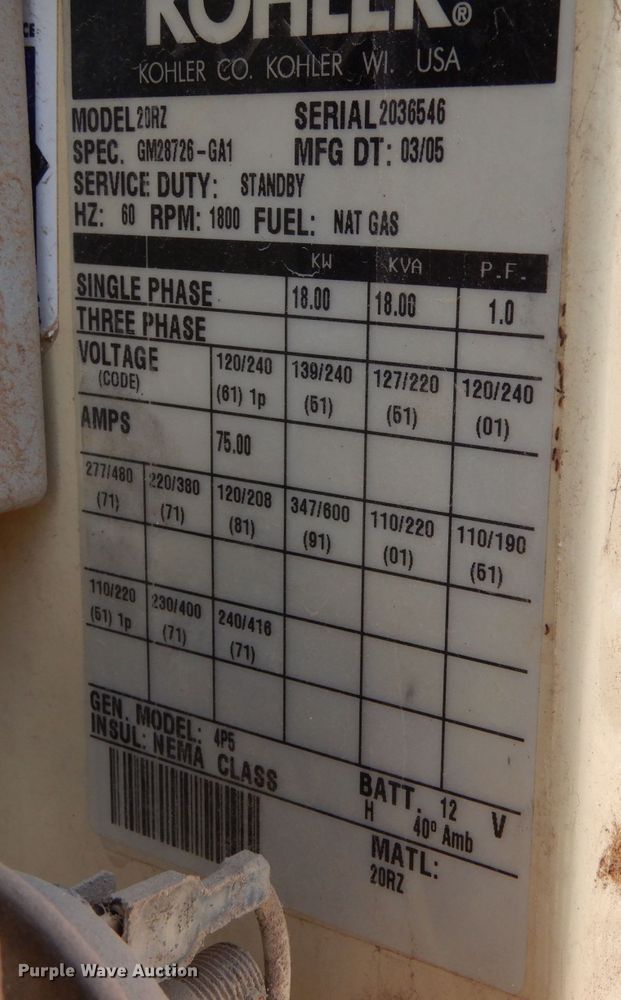 image for item LP9344 2005 Kohler 20RZ  generator