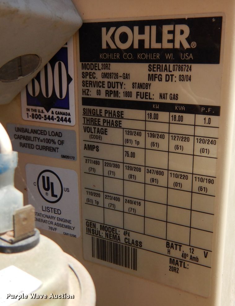image for item LP9345 2004 Kohler 20RZ  generator