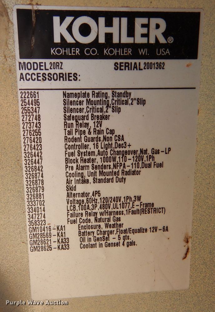 image for item LP9346 2005 Kohler 20RZ  generator