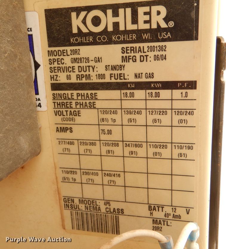 image for item LP9346 2005 Kohler 20RZ  generator