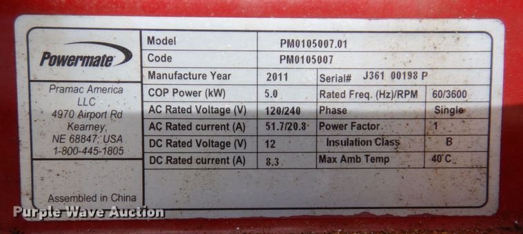 image for item MU9630 2011 Powermate PM105007.01  generator