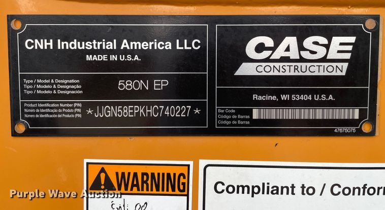 image for item DJ5203 2018 Case 580N EP  backhoe