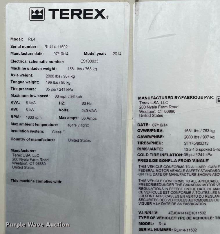 image for item DJ5204 2014 Terex RL4  light plant