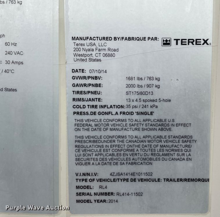 image for item DJ5204 2014 Terex RL4  light plant