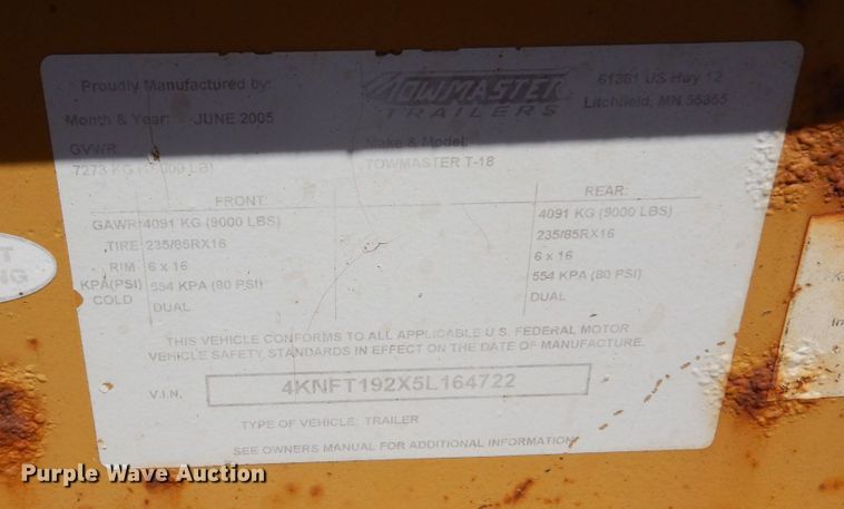 image for item DK0481 2005 Towmaster T-18  equipment trailer