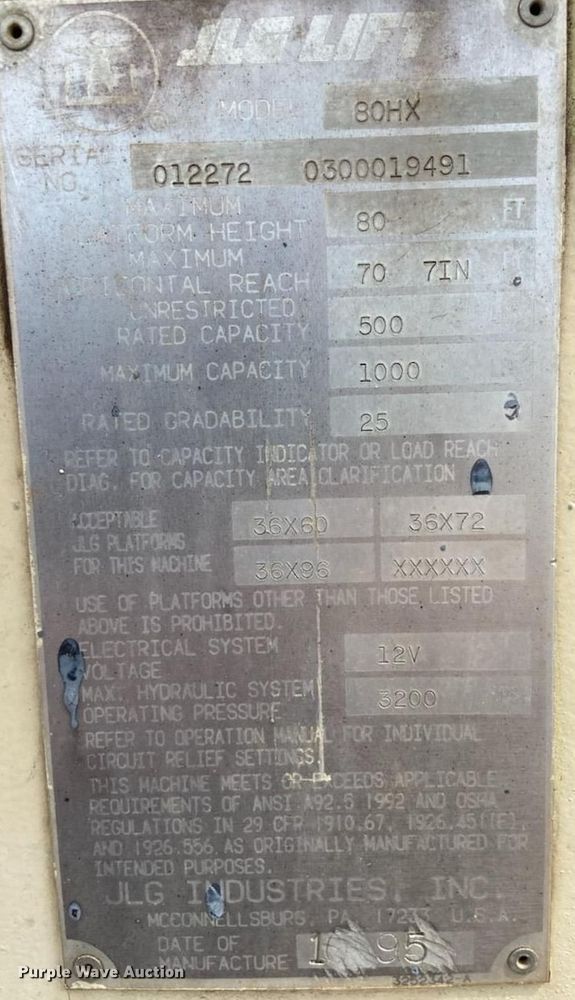 image for item DN0345 1995 JLG 80HX  boom lift