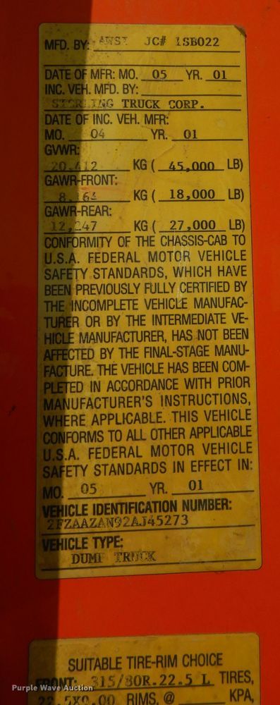 image for item DN1593 2002 Sterling LT9511  dump truck