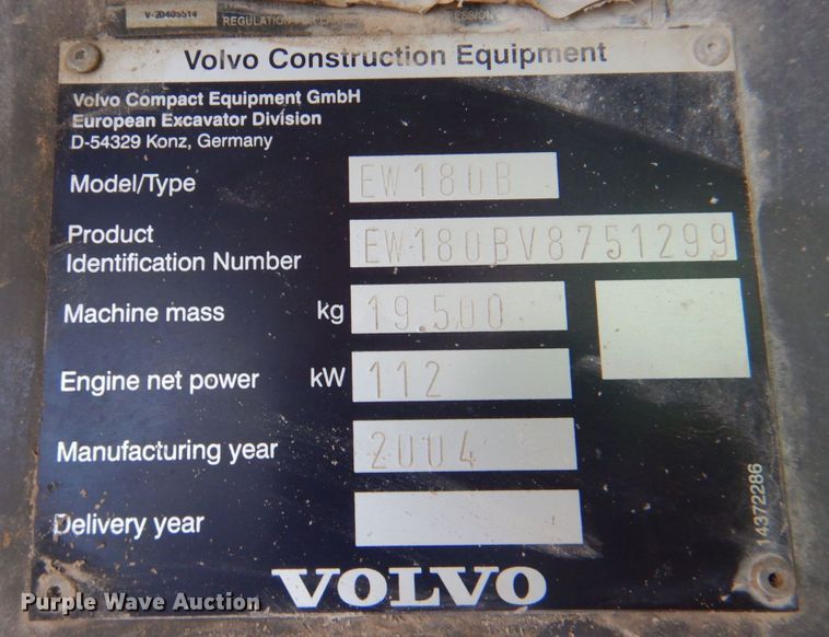 image for item DP4259 2004 Volvo EW180B  wheeled excavator