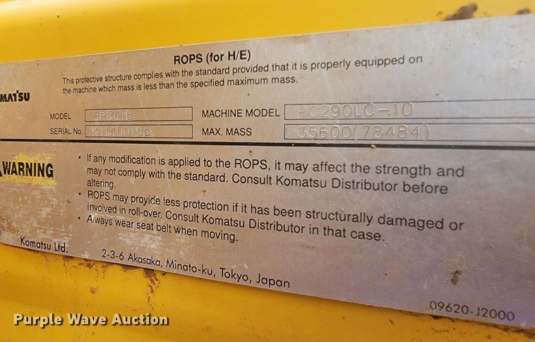 image for item JL9391 2011 Komatsu PC290LC-10  excavator